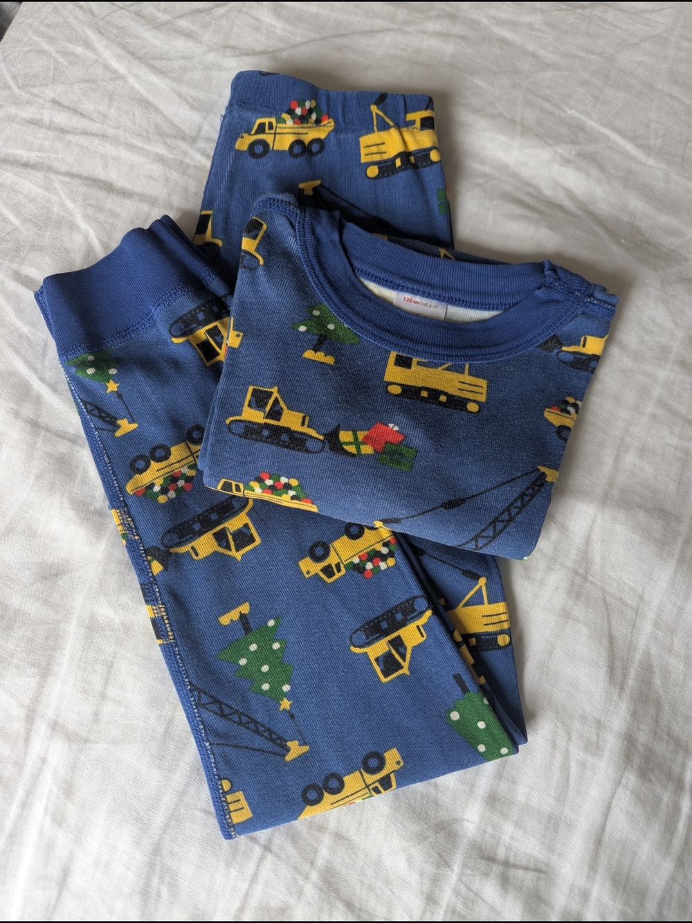 Blue Kids Pajama Set with Yellow Truck Print